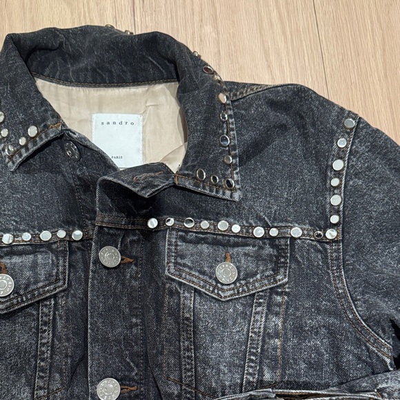 SANDRO Mirrored Studded Gray Washed Denim Jeans Jacket Cotton Size 38 - Picture 7 of 9